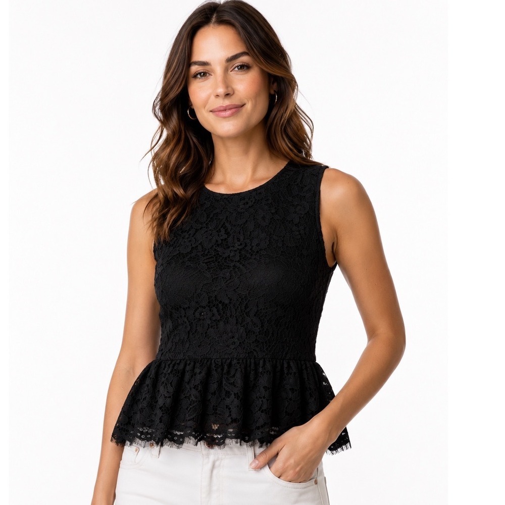 J.Crew Black Floral Lace Sleeveless Top Eyelash Hem Party Cocktail